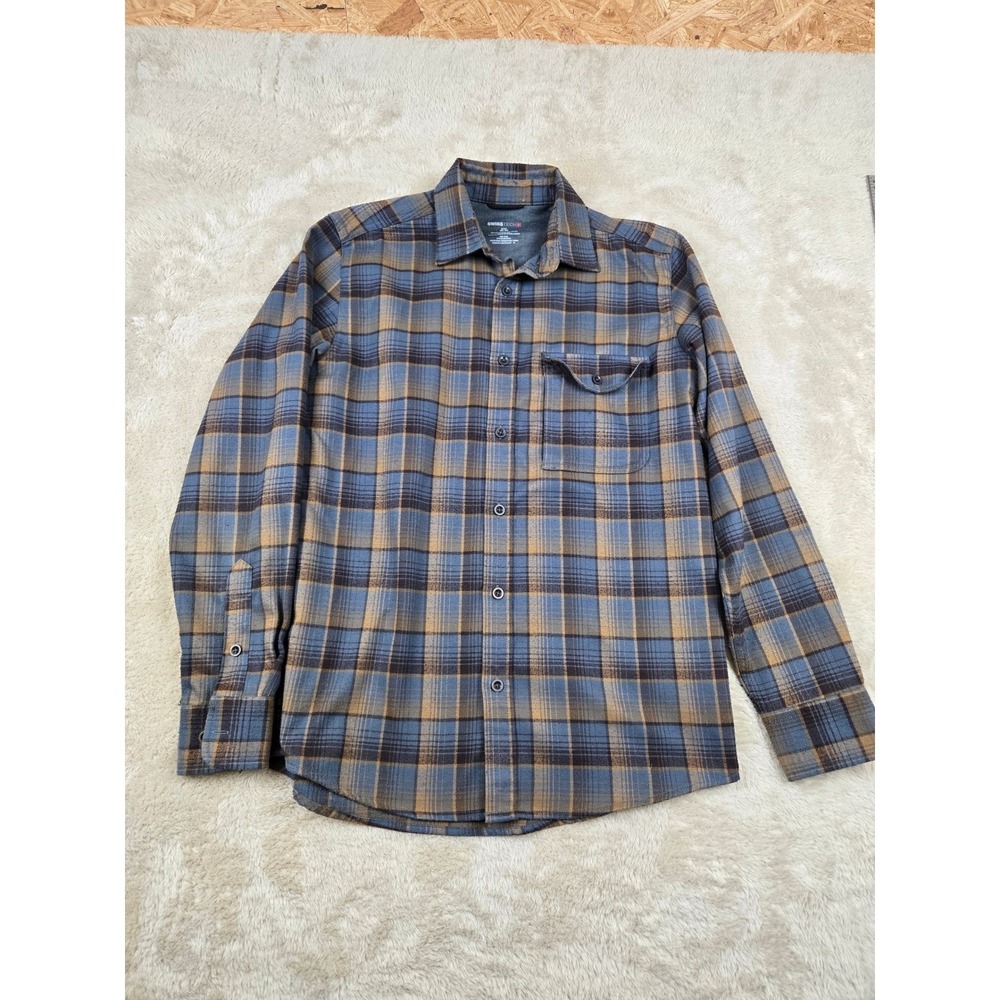 Swiss Tech Mens Flannel Shirt Size S‎ Brown Blue Plaid Long Sleeve Button Up